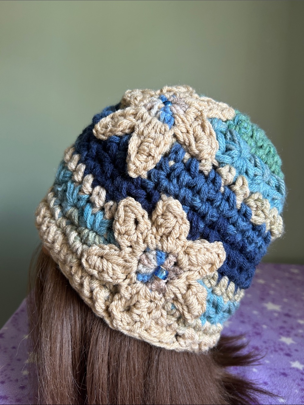 Handmade Crocheted Floral Beanie Hat medium acrylic new